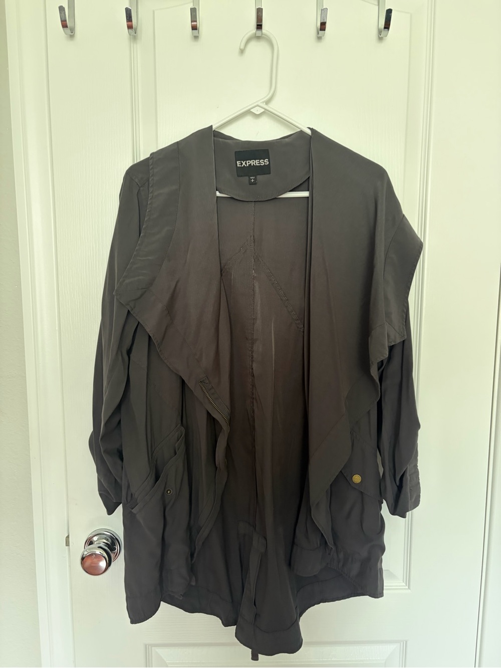 Express Utility Draped Open-Front Jacket in Charcoal Gray